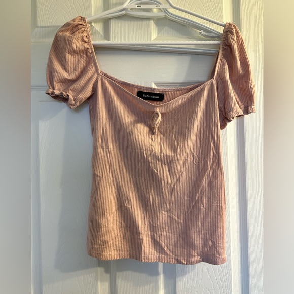 Reformation Lydia Puff Sleeve Square Neck Stretch Knit Ribbed Top Pink - Picture 5 of 5